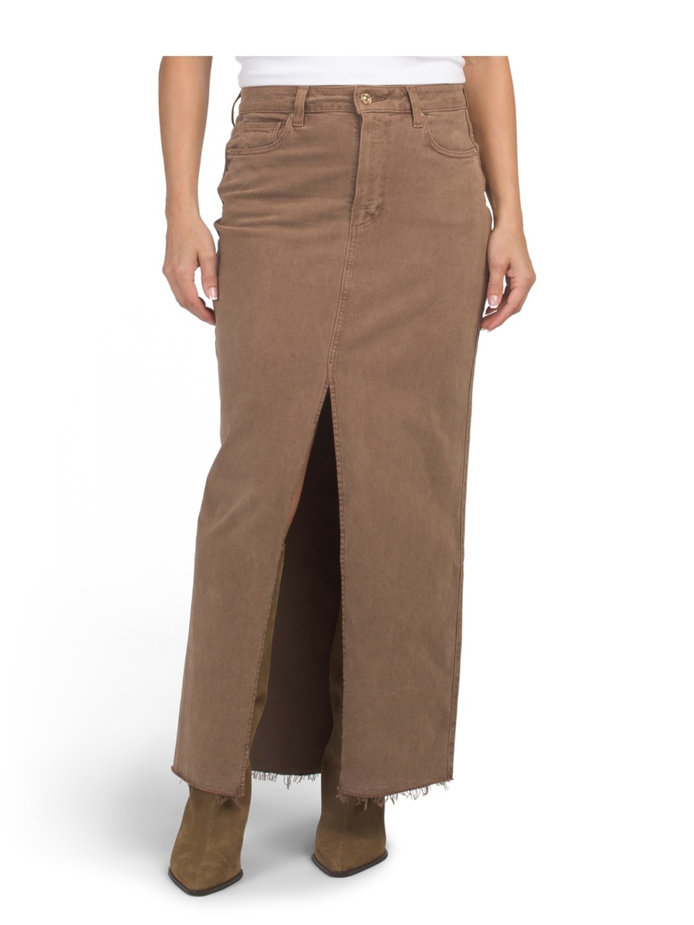 PAIGE Brown Maxi Denim Skirt with Raw Hem